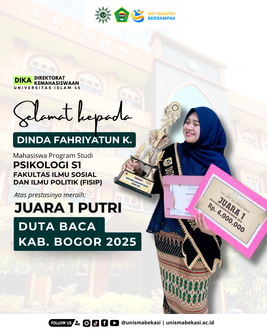 Dinda Fahriyatun Khusnaini, Mahasiswa Psikologi FISIP UNISMA Bekasi Raih Juara 1 Putri Duta Baca Kabupaten Bogor 2025 (1)