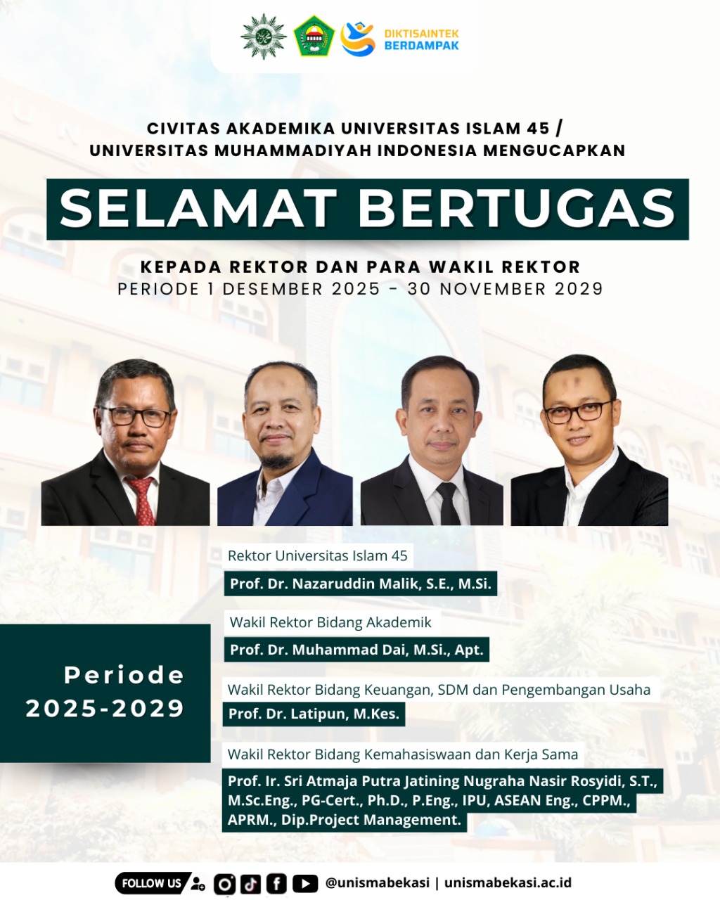 Jajaran Pimpinan UNISMA BekasiUM.ID 2025–2029 Rektor dan Para Wakil Rektor Baru